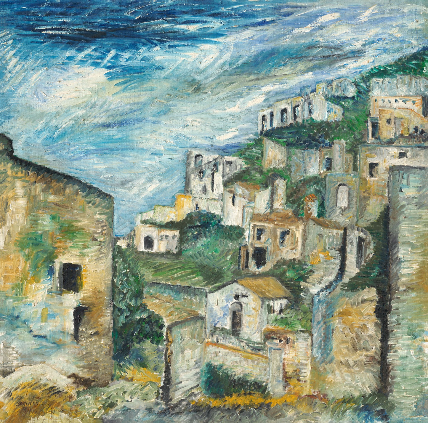 Cliffside Town Under Storm Skies